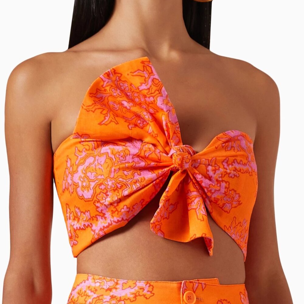 NEW RHODE TONI ORANGE LINEN BANDEAU TOP IN CORAL REEF PRINT SIZE XL